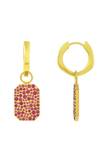 Gold Plated (Water Resistance Premium Plating) Pink Zircon Bullion Charm Huggies Dangler Earrings