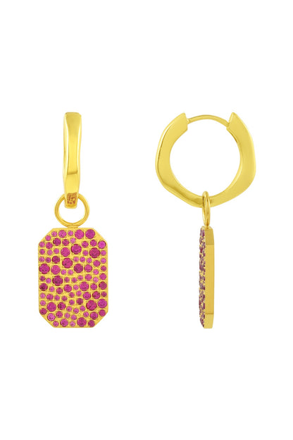 Gold Plated (Water Resistance Premium Plating) Pink Zircon Bullion Charm Huggies Dangler Earrings