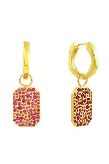 Gold Plated (Water Resistance Premium Plating) Pink Zircon Bullion Charm Huggies Dangler Earrings