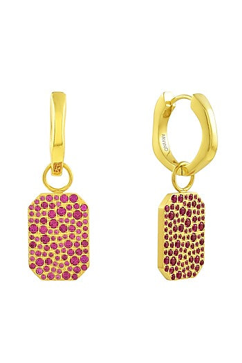 Gold Plated (Water Resistance Premium Plating) Pink Zircon Bullion Charm Huggies Dangler Earrings