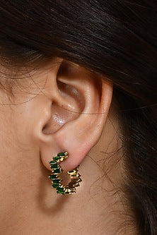 Gold Plated (Water Resistance Premium Plating) Green Cubic Zirconia Hoop Earrings