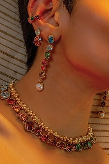 Gold Plated (Water Resistance Premium Plating) Multi-Colored Zircon & Pearl Choker Necklace