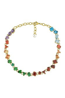 Gold Plated (Water Resistance Premium Plating) Multi-Colored Zircon & Pearl Choker Necklace