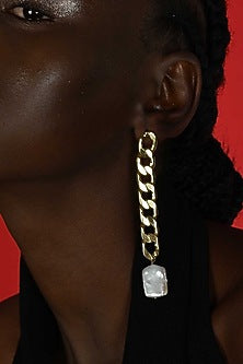 Gold Plated (Water Resistance Premium Plating) Baroque Pearl & Cuban Chain Dangler Earrings