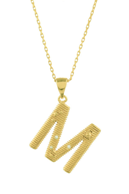 Gold Finish Zircons M Initial Chain Necklace