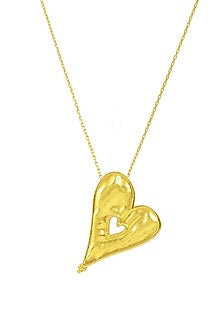 Gold Plated (Water Resistance Premium Plating) Textured Heart Charm Chain Necklace