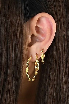 Gold Finish Twisted Hoop Earrings In Sterling Silver