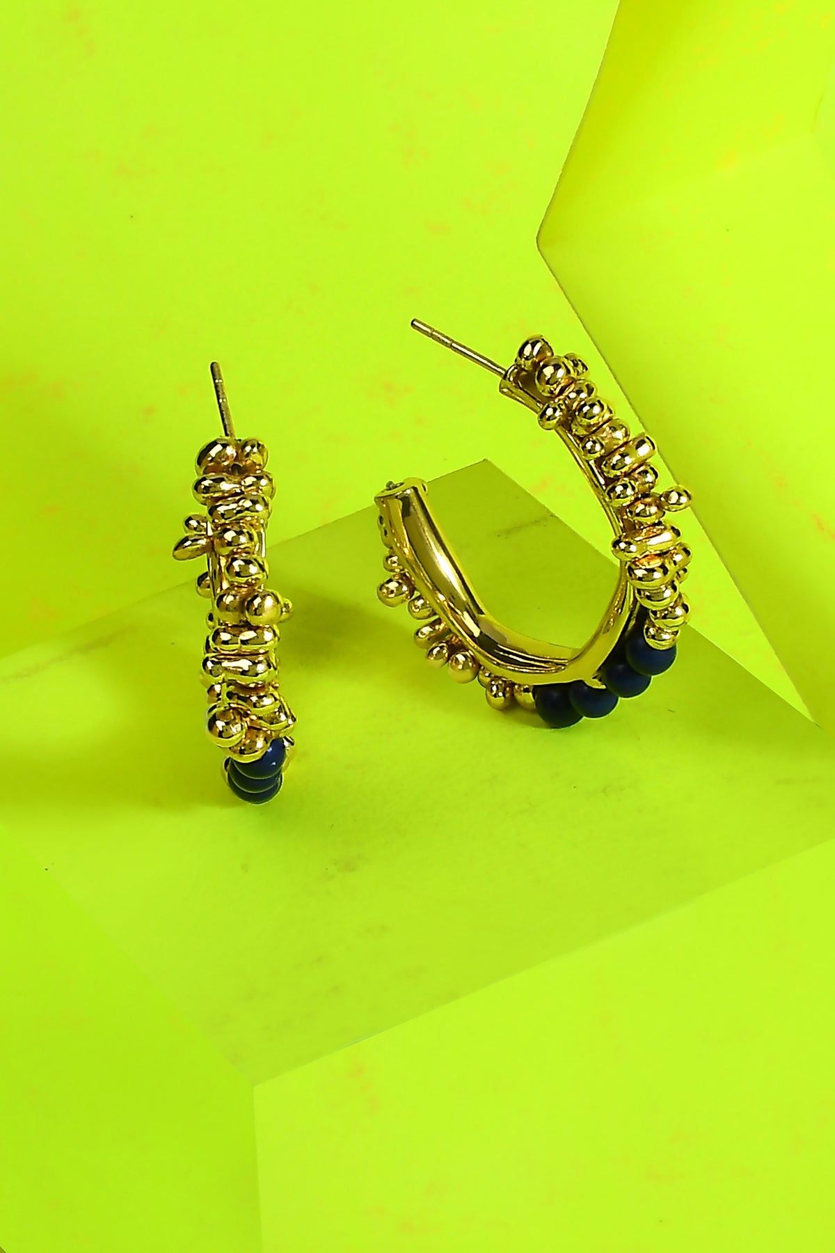 Gold Finish Lapis Stone Hoop Earrings