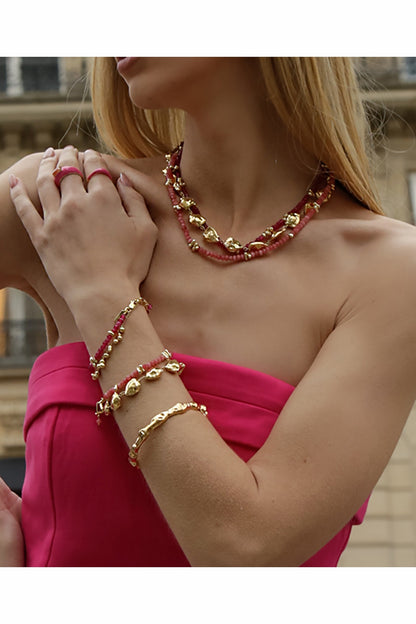 Gold Finish Pink Tourmaline Beaded Bracelet