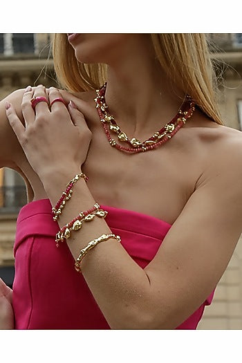 Gold Finish Pink Tourmaline Beaded Bracelet