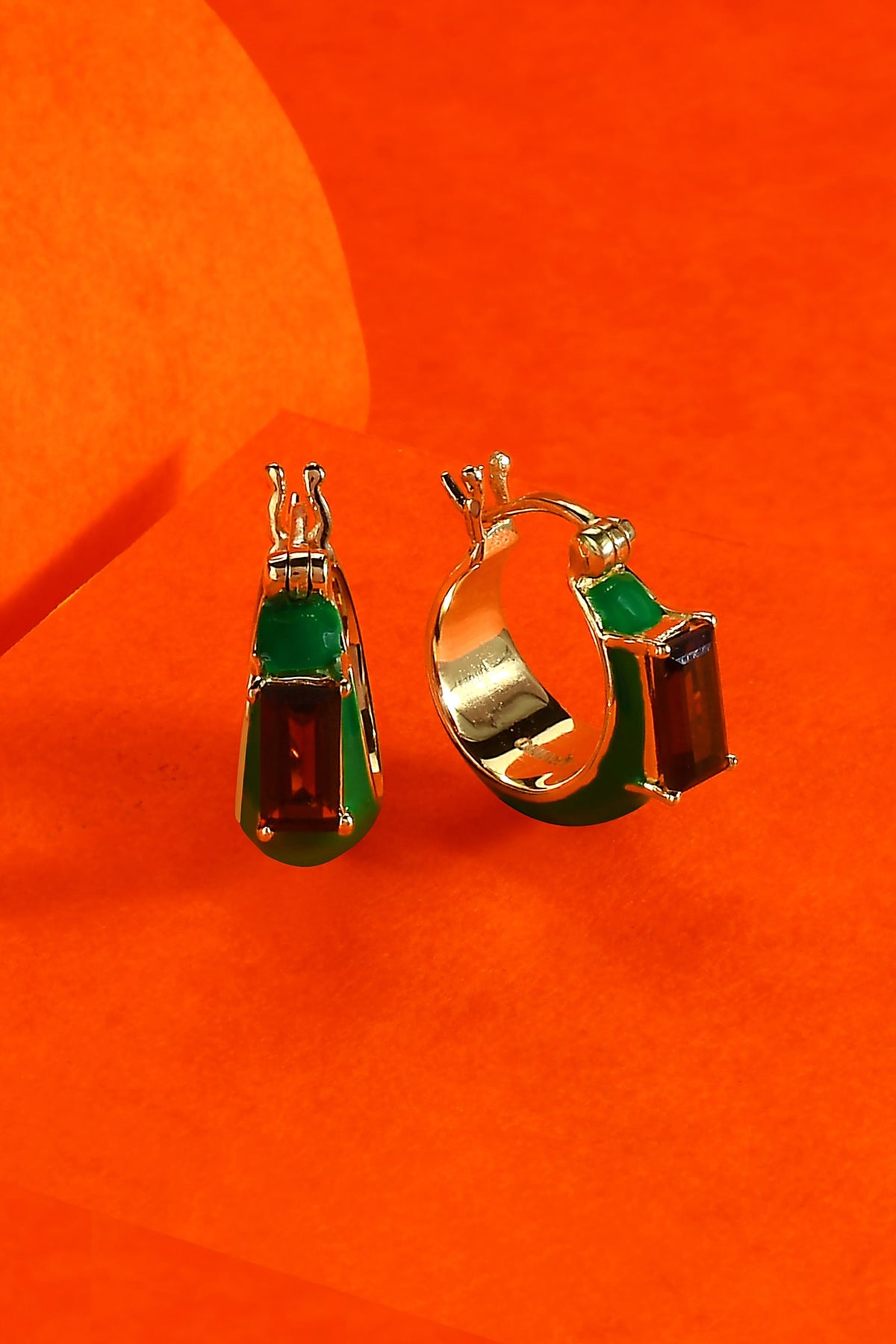 Gold Finish Green Garnet Huggie Earrings In Sterling Silver