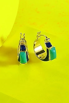 Gold Finish Turquoise Huggie Earrings In Sterling Silver