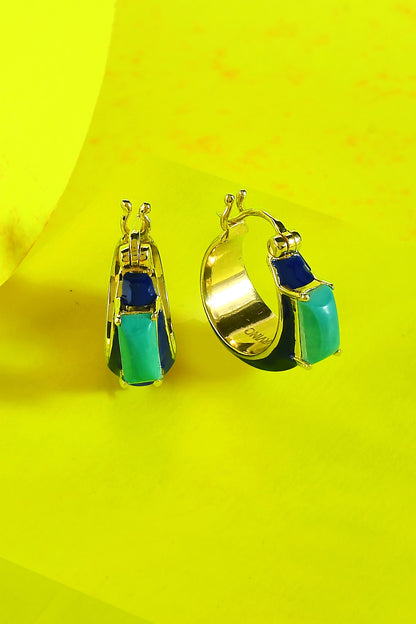 Gold Finish Turquoise Huggie Earrings In Sterling Silver