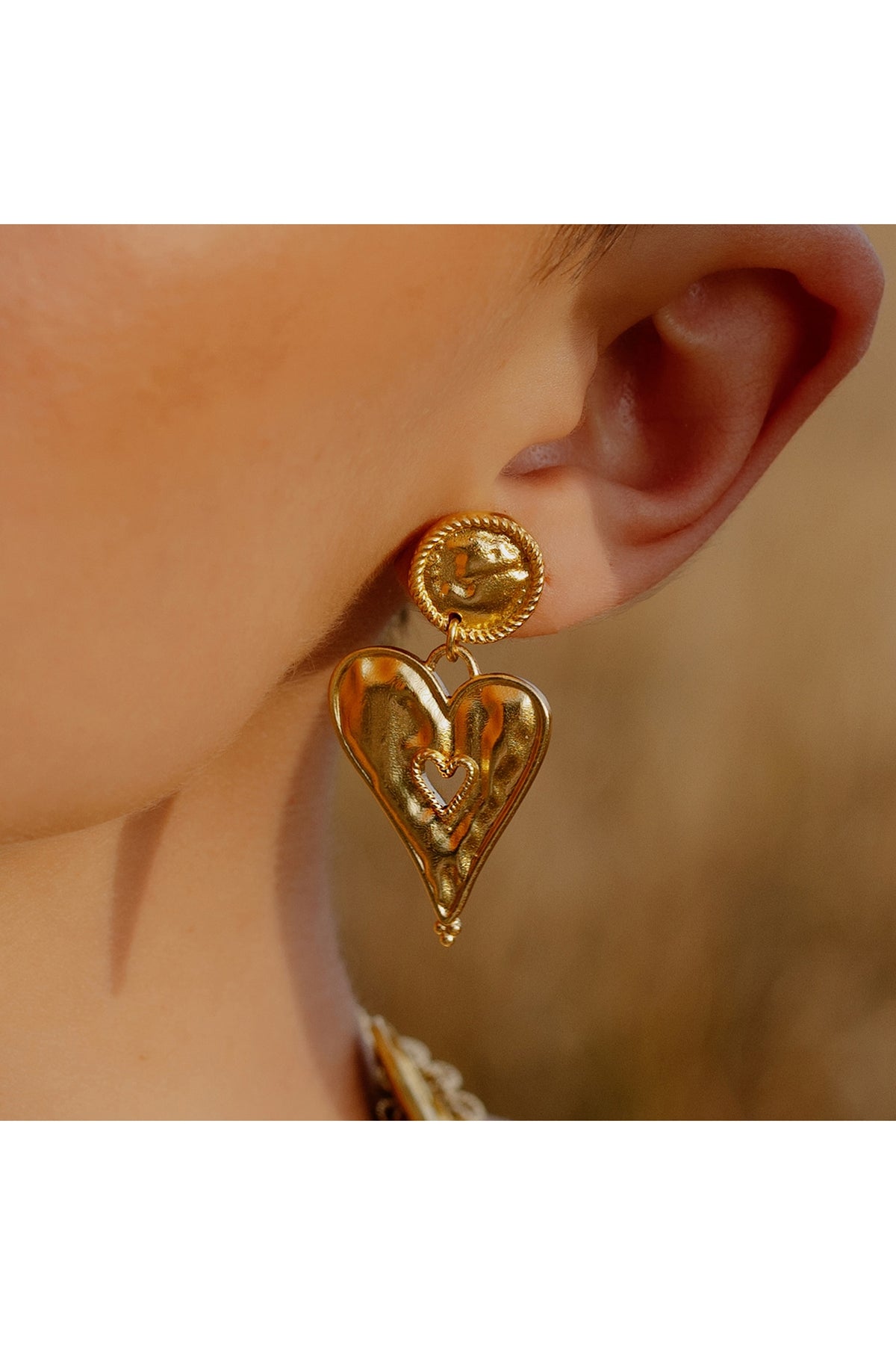 Gold Finish Textured Heart Stud Earrings