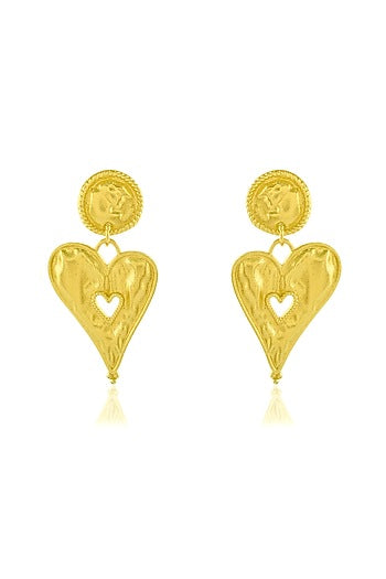 Gold Finish Textured Heart Stud Earrings