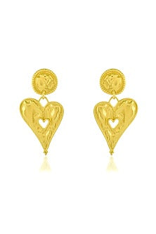 Gold Finish Textured Heart Stud Earrings