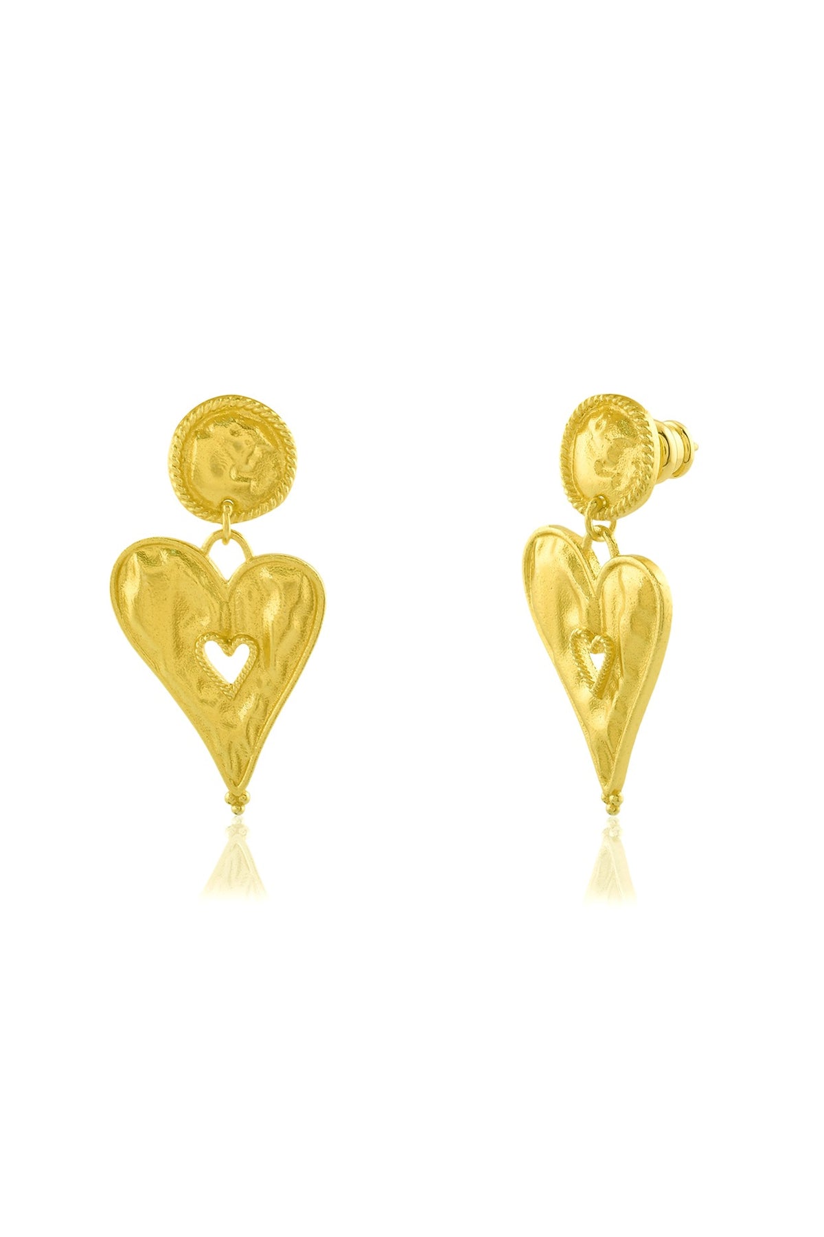Gold Finish Textured Heart Stud Earrings