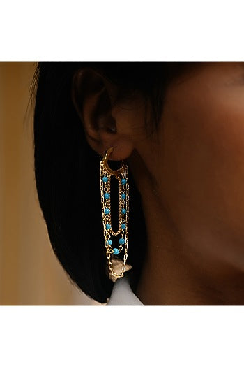 Gold Finish Beaded Multi Drop Huggie Chain Earrings