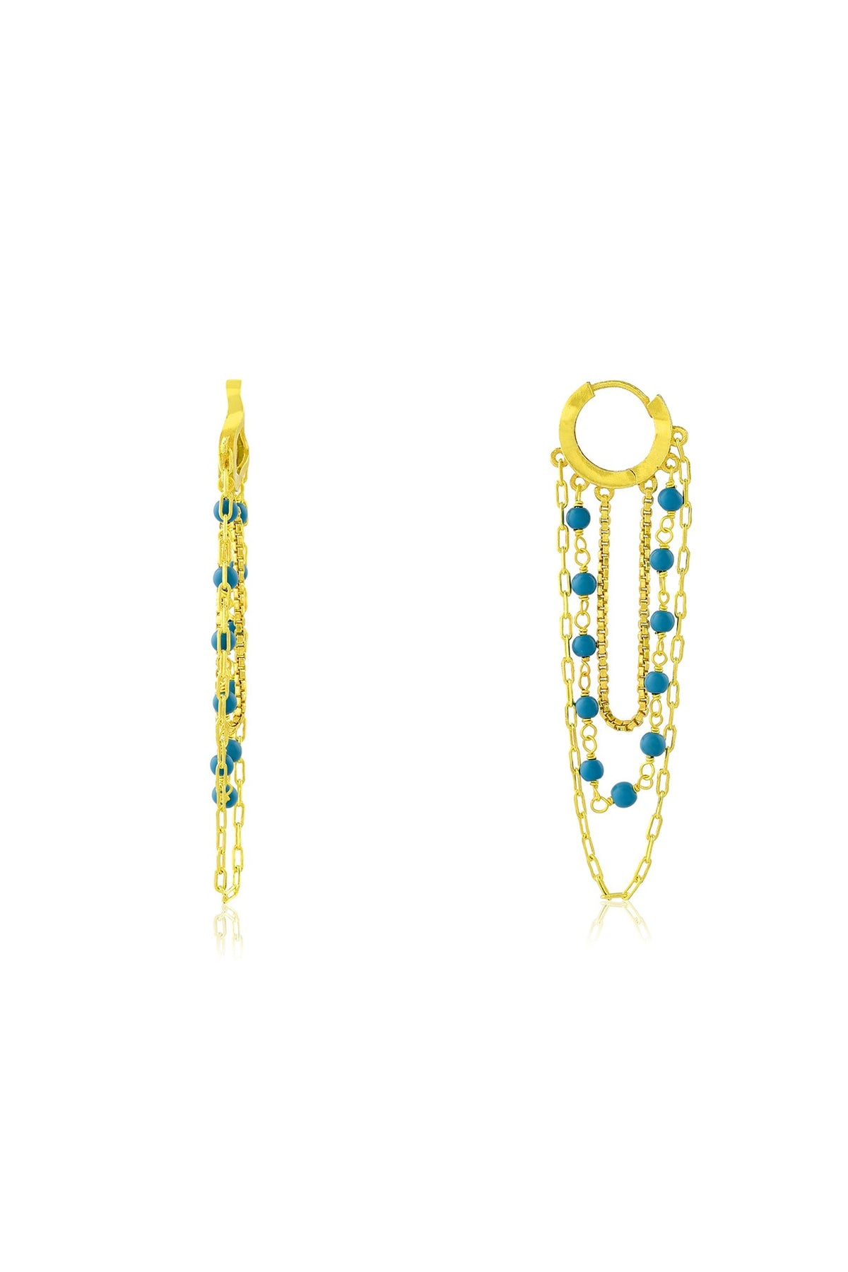 Gold Finish Beaded Multi Drop Huggie Chain Earrings