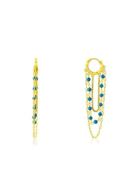 Gold Finish Beaded Multi Drop Huggie Chain Earrings