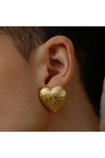 Gold Finish Chunky Textured Heart Stud Earrings