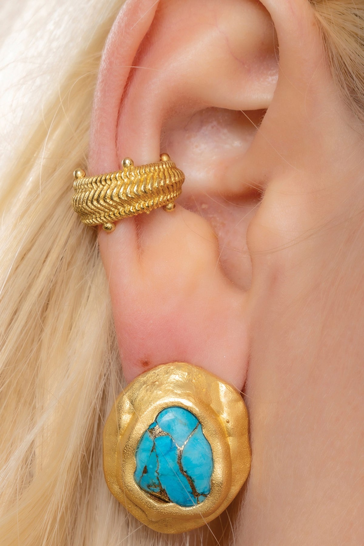 Gold Finish Turquoise Stone Stud Earrings
