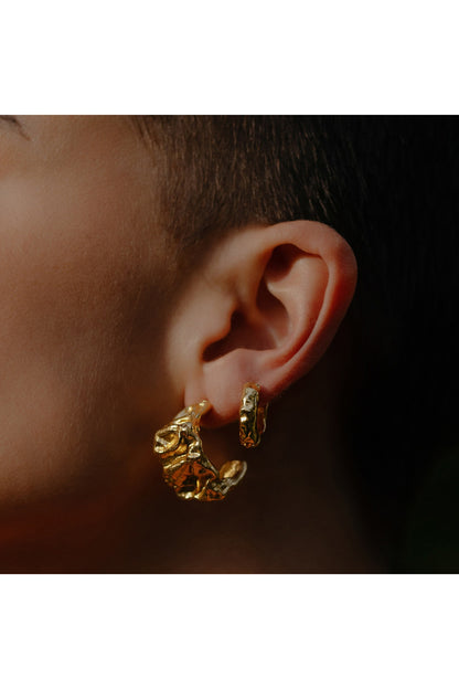 Gold Finish Textured Molten Huggies Hoop Earrings