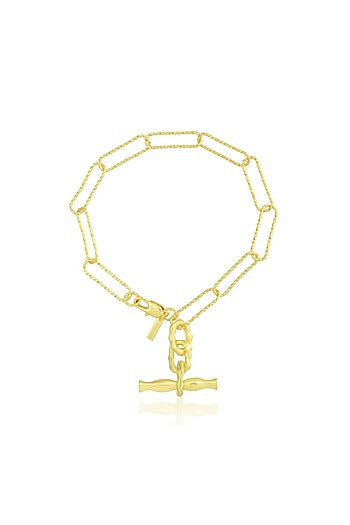 Gold Finish Handcrafted Paperclip Chain T-Bar Bracelet