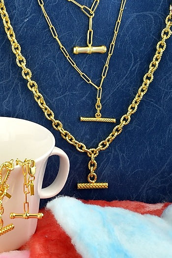 Gold Finish Handcrafted Paperclip Chain T-Bar Bracelet