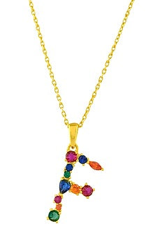 Gold Finish Multi-Colored Cubic Zirconia F Initial Necklace
