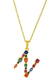 Gold Finish Multi-Colored Cubic Zirconia N Initial Necklace