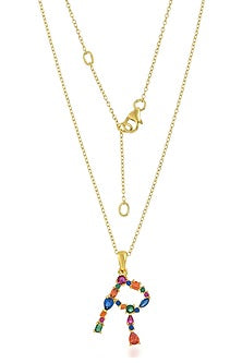 Gold Finish Multi-Colored Cubic Zirconia R Initial Necklace
