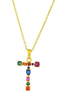 Gold Finish Multi-Colored Cubic Zirconia T Initial Necklace
