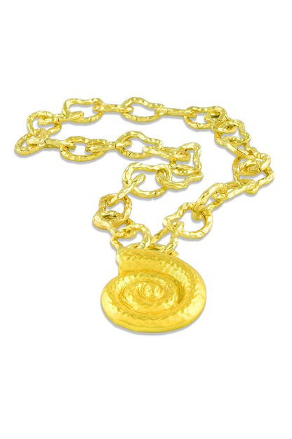 Gold Finish Coral Shell Link Pendant Necklace