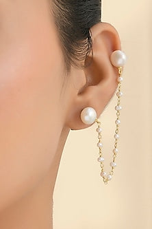 Gold Finish Pearl Chain Beaded Earrings