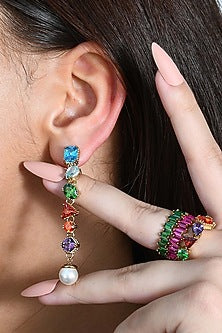 Gold Plated Multi-Colored Cubic Zirconia & Pearl Dangler Earrings