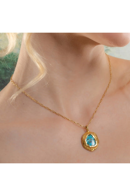 Gold Finish Turquoise Stone Chunk Necklace