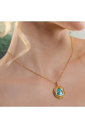 Gold Finish Turquoise Stone Chunk Necklace
