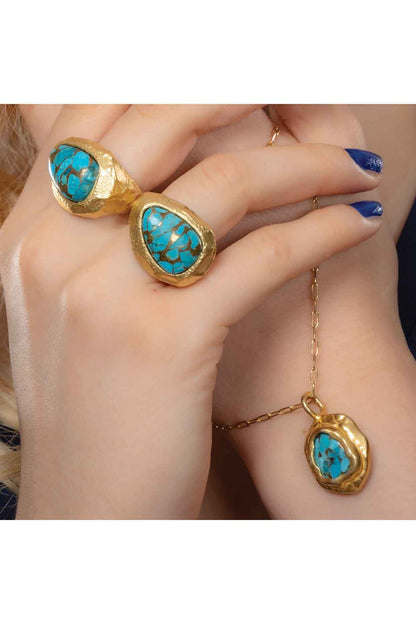 Gold Finish Turquoise Stone Chunk Necklace