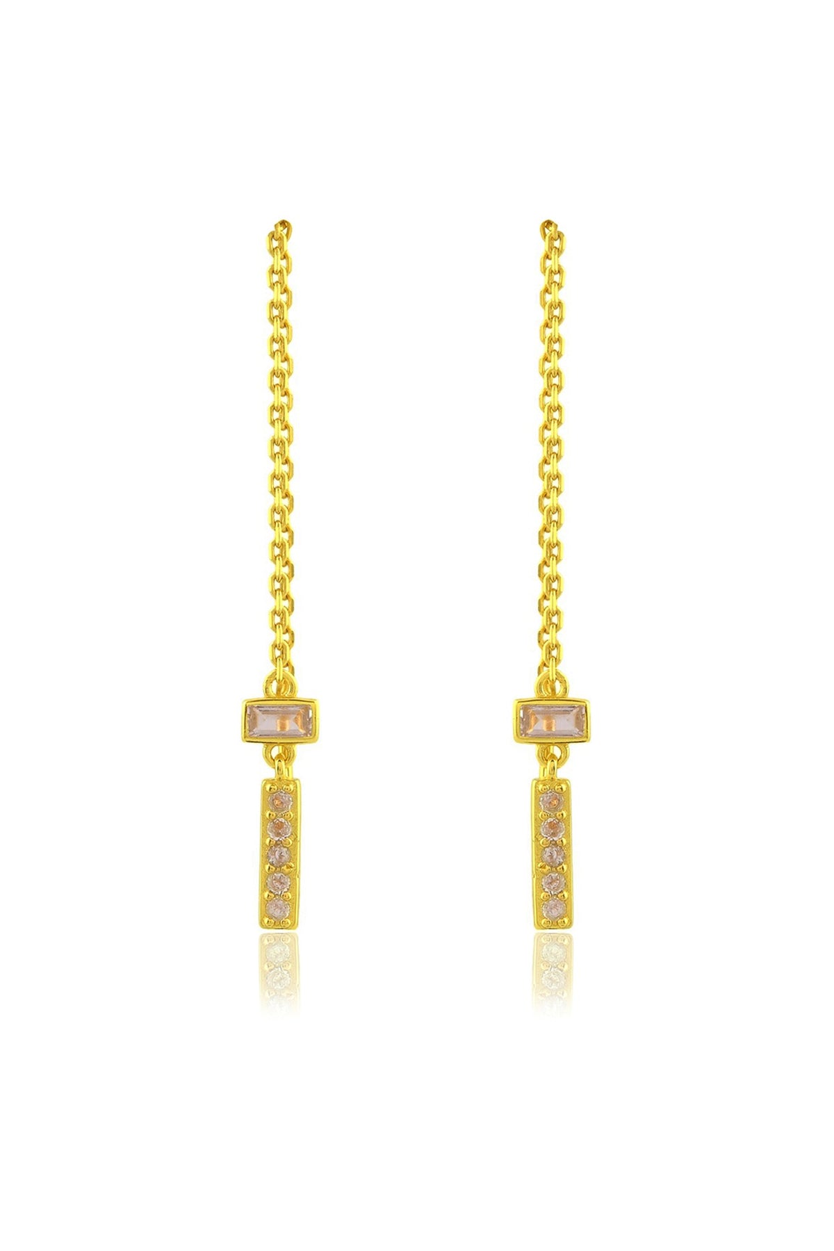 Gold Finish White Cz Threader Chain Dangler Earrings