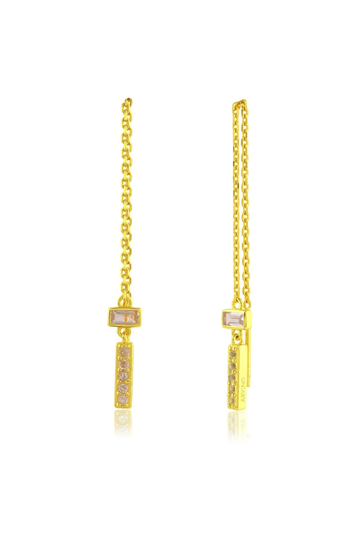 Gold Finish White Cz Threader Chain Dangler Earrings