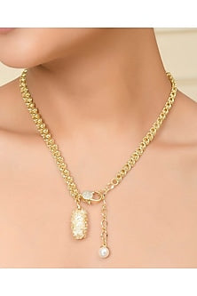 Gold Finish Pearl & Cz Mesh Necklace