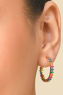 Gold Finish Multi-Colored Cubic Zirconia Hoop Earrings
