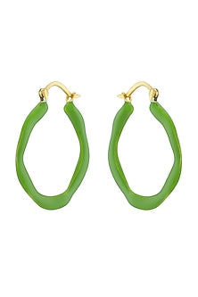 Gold Finish Light Green Enamel Earrings In Sterling Silver