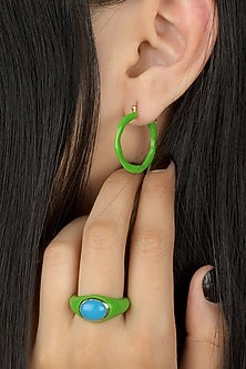 Gold Finish Light Green Enamel Earrings In Sterling Silver