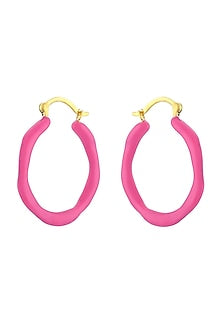 Gold Finish Pink Enamel Earrings In Sterling Silver