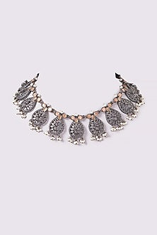 Oxidised Finish Natural Stone & Pearl Choker Necklace