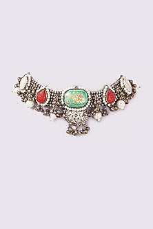 Oxidised Finish Agate & Pearl Choker Necklace
