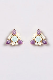 Gold Finish Agate & Mother Of Pearl Stud Earrings