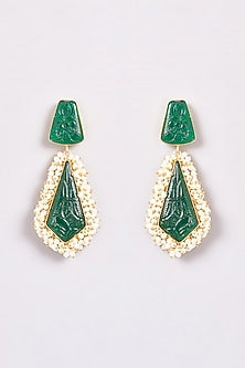 Gold Finish Carved Onyx & Pearl Dangler Earrings